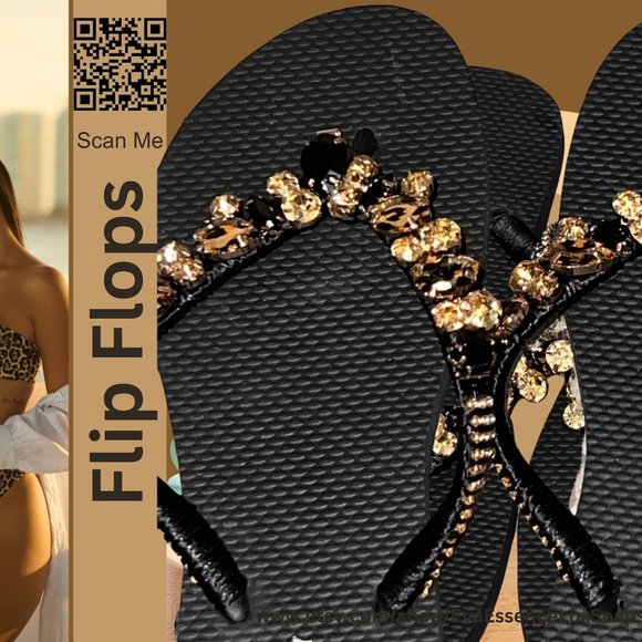 Flip Flops, Leopard, Cheetah Print, Beach Flip Flops, Rhinestones, Shoes, Sandal - Picture 7 of 15